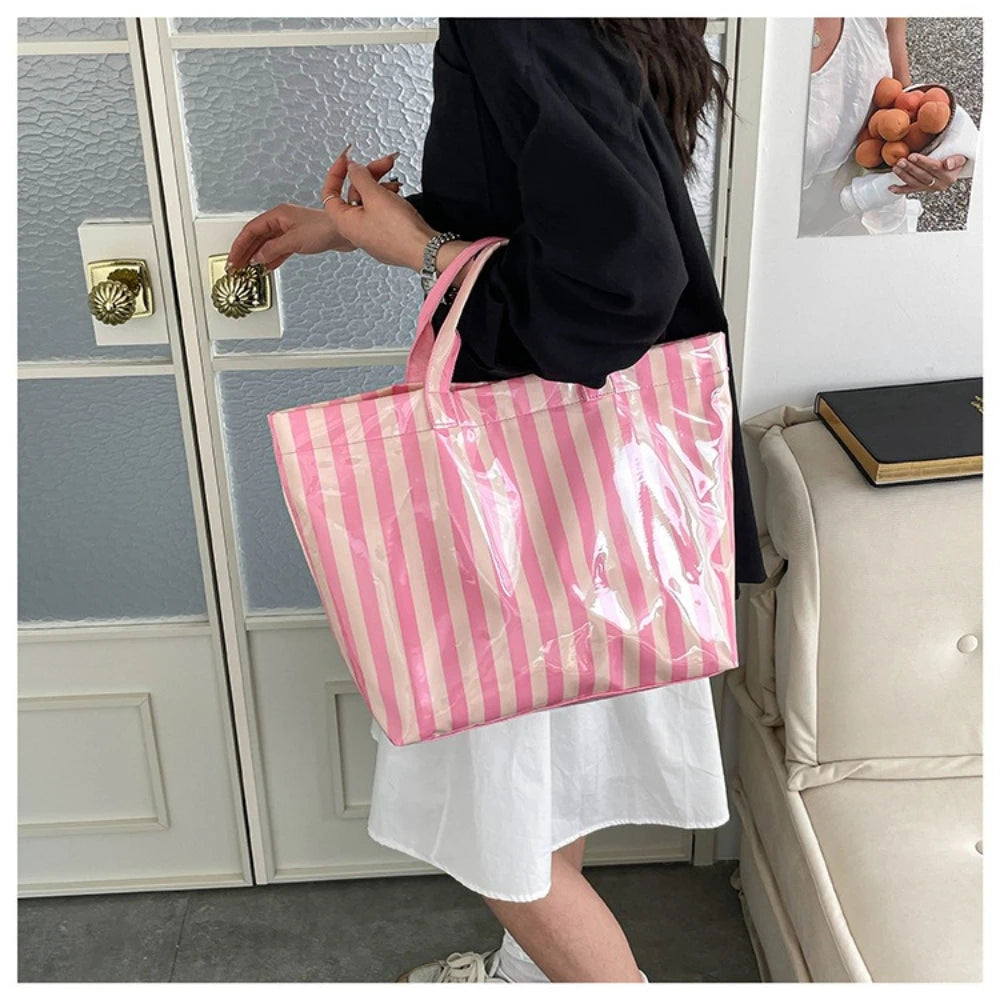 Waterproof Striped PVC Shoulder Tote Bag, Roomy Lightweight Daily Storage Handbag for Everyday Use, Ideal for Daily Use, Holiday