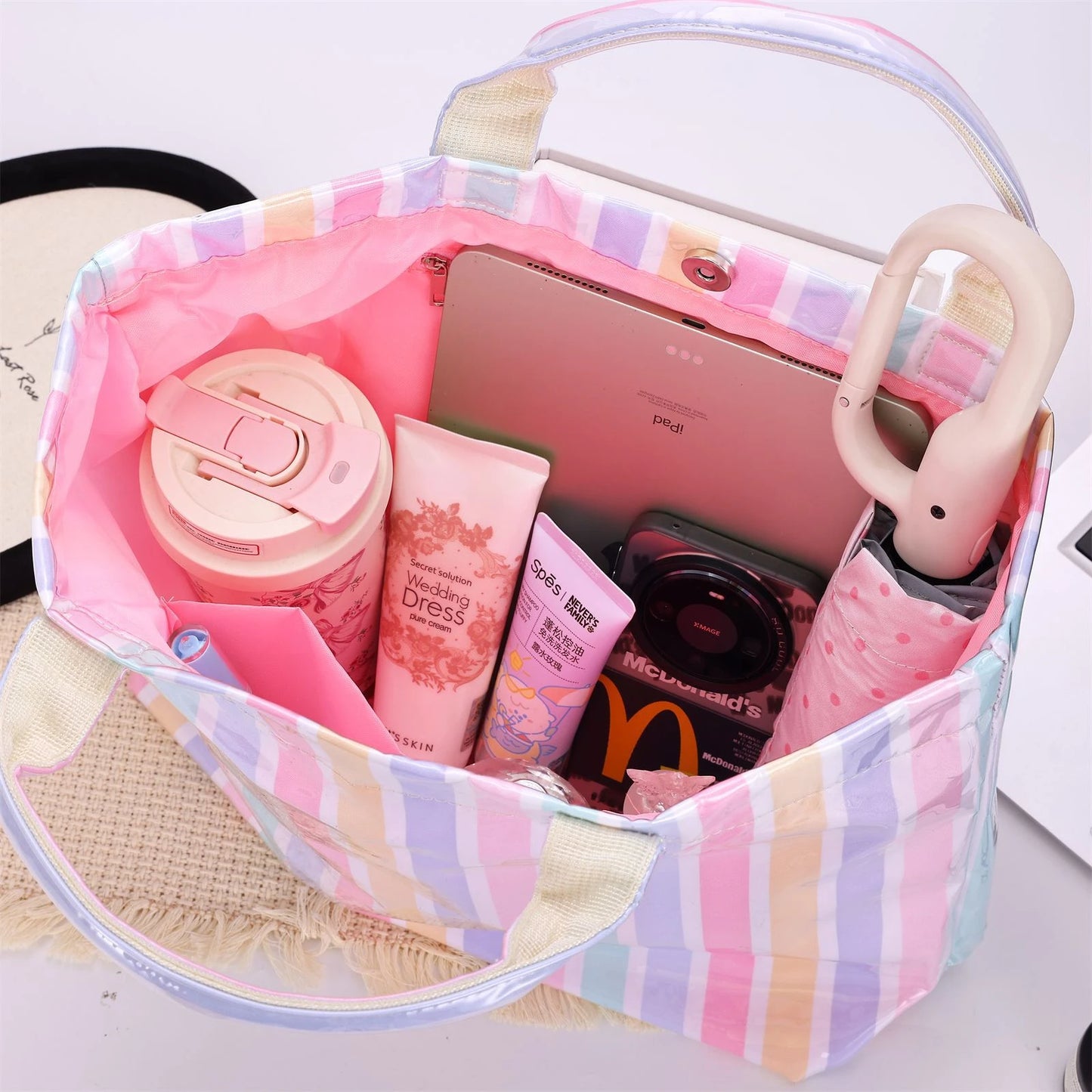Waterproof Striped PVC Shoulder Tote Bag, Roomy Lightweight Daily Storage Handbag for Everyday Use, Ideal for Daily Use, Holiday
