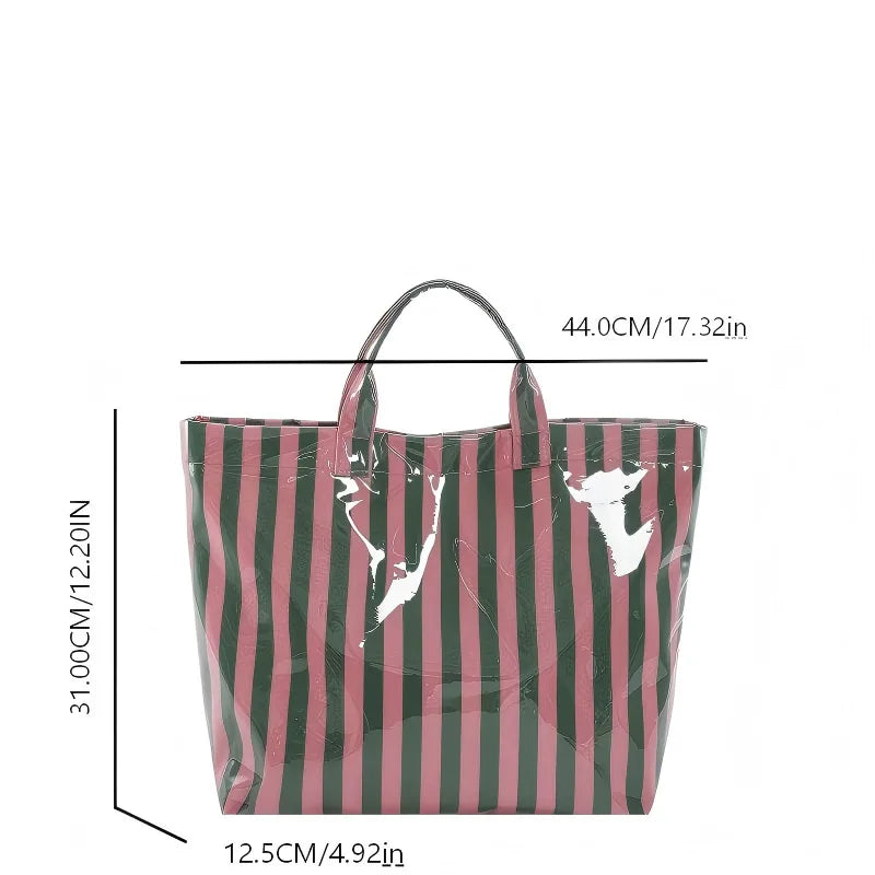 Waterproof Striped PVC Shoulder Tote Bag, Roomy Lightweight Daily Storage Handbag for Everyday Use, Ideal for Daily Use, Holiday