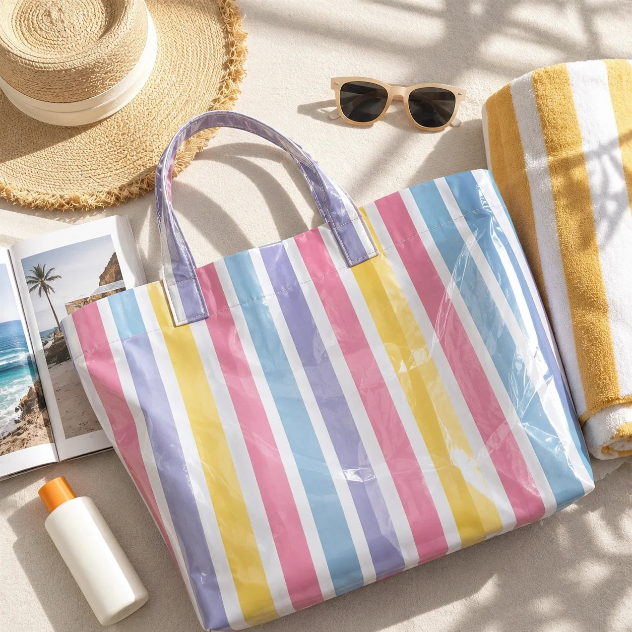 Waterproof Striped PVC Shoulder Tote Bag, Roomy Lightweight Daily Storage Handbag for Everyday Use, Ideal for Daily Use, Holiday