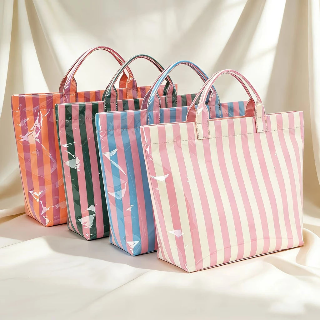 Waterproof Striped PVC Shoulder Tote Bag, Roomy Lightweight Daily Storage Handbag for Everyday Use, Ideal for Daily Use, Holiday